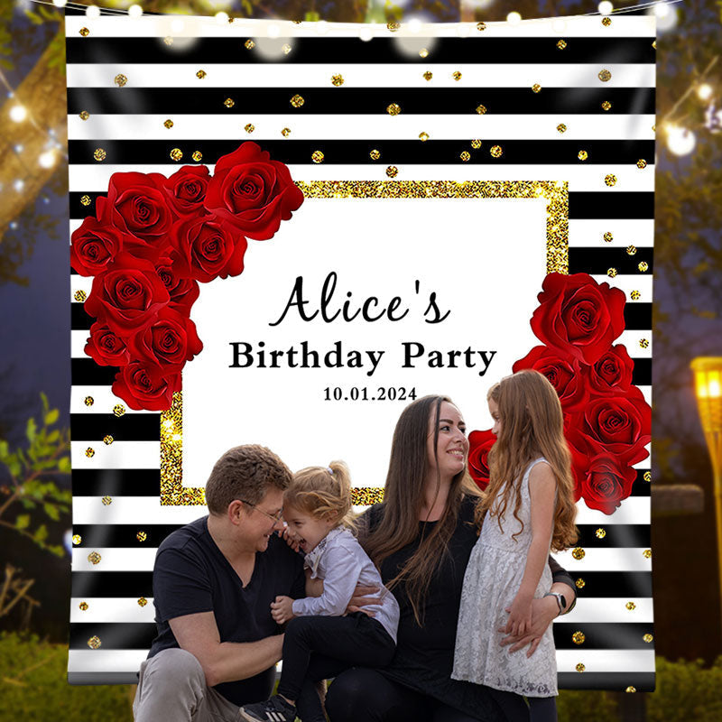 Lofaris Red Rose Glitter Black Stripe Custom Birthday Backdrop