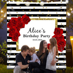 Lofaris Red Rose Glitter Black Stripe Custom Birthday Backdrop