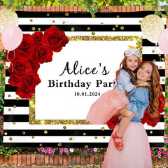 Lofaris Red Rose Glitter Black Stripe Custom Birthday Backdrop