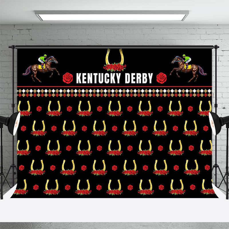 Lofaris Red Rose Horse Repeat Kentucky Derby Party Backdrop