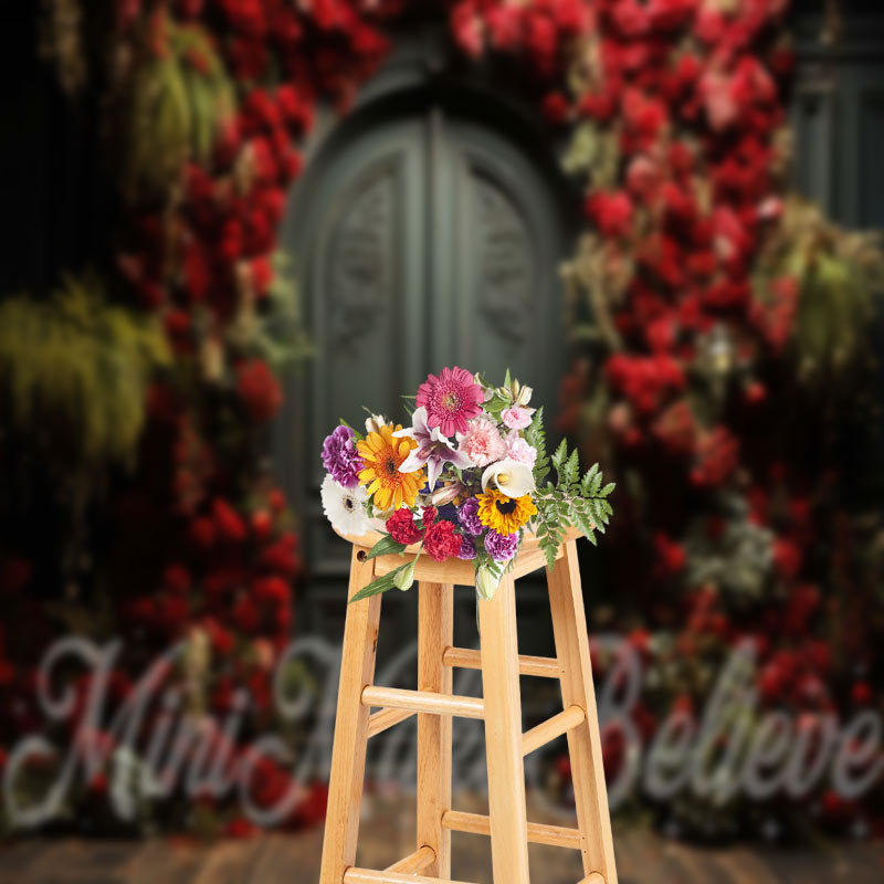 Lofaris Red Rose Wood Delicated Green Door Floor Backdrop