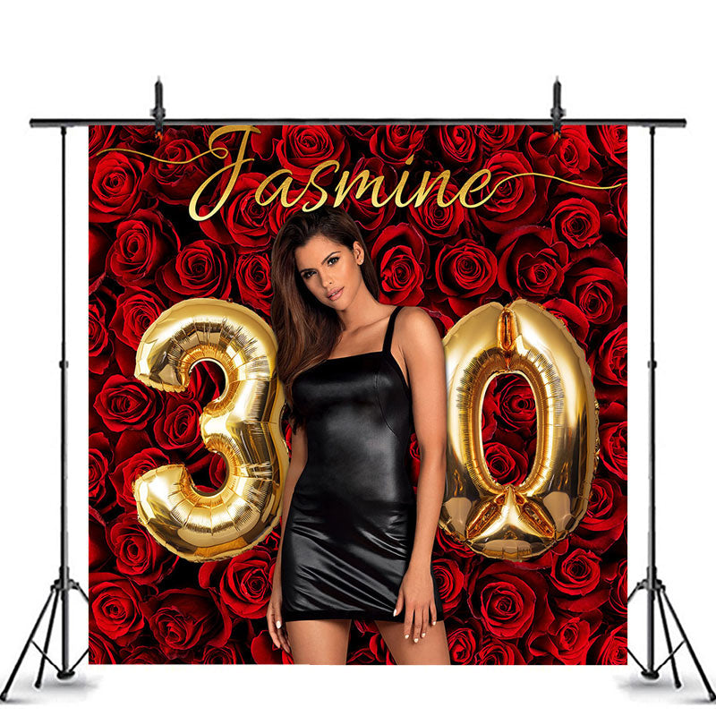 Lofaris Red Roses Gold Balloon Custom 30th Birthday Backdrop