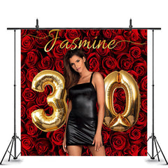 Lofaris Red Roses Gold Balloon Custom 30th Birthday Backdrop