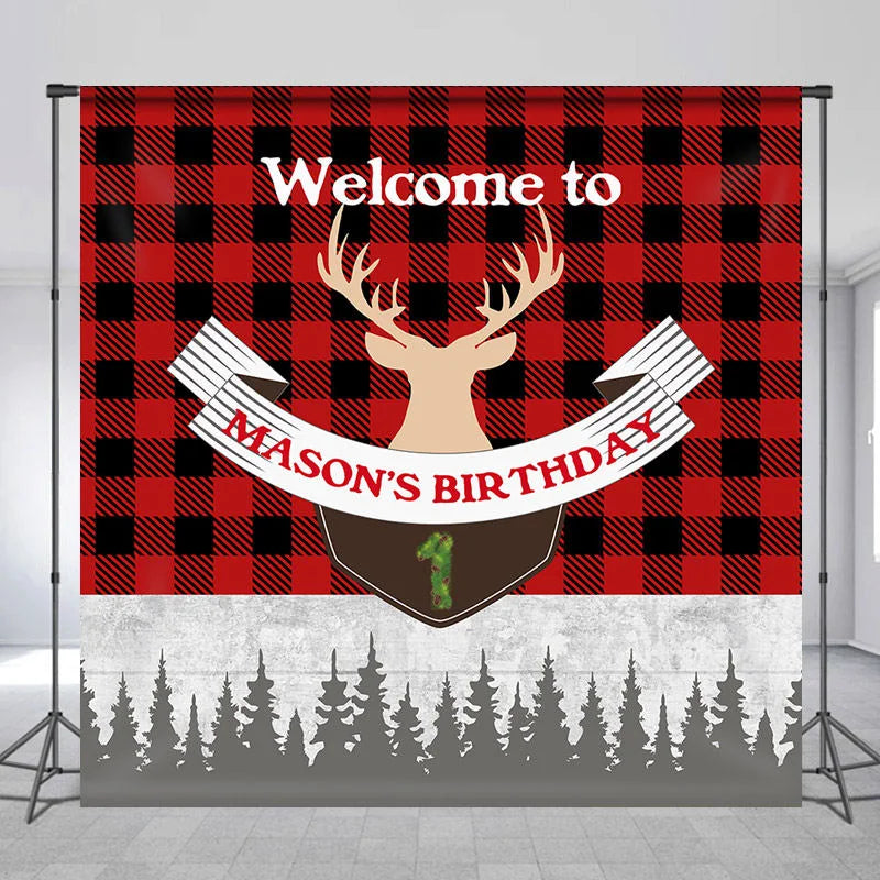 Lofaris Red Scottish Plaid Forest Custom 1st Birthday Backdrop