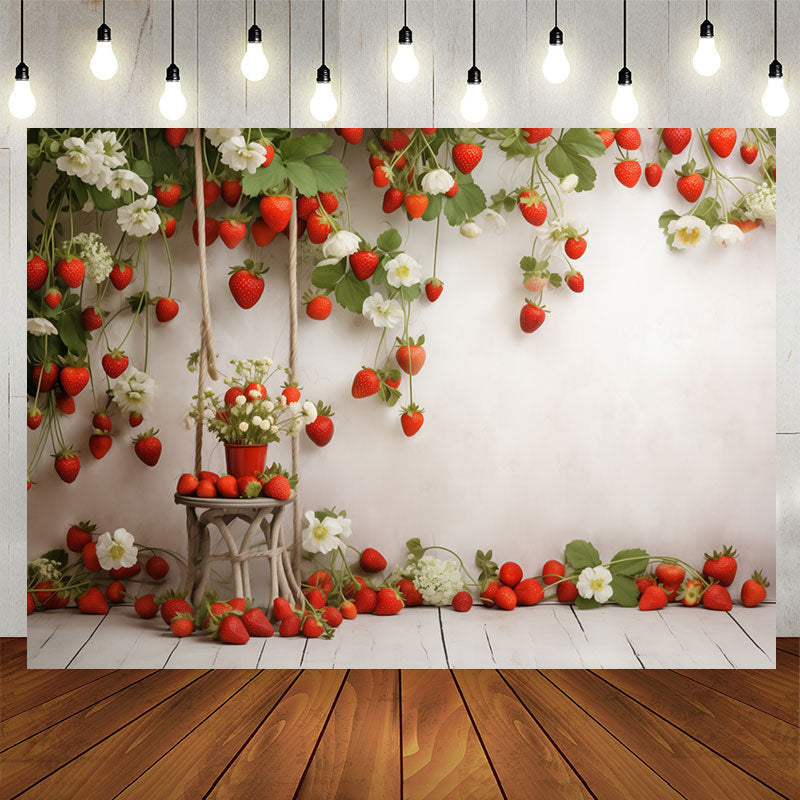 Lofaris Red Strawberries Plants White Wall Birthday Backdrop