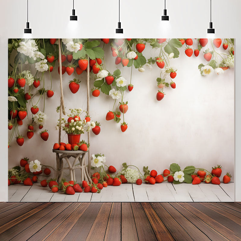 Lofaris Red Strawberries Plants White Wall Birthday Backdrop
