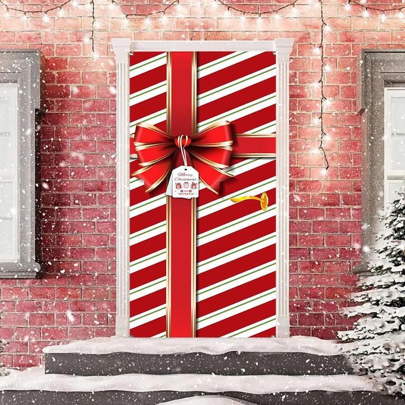 Lofaris Red Stripes Present Box Bowknot Christmas Door Cover