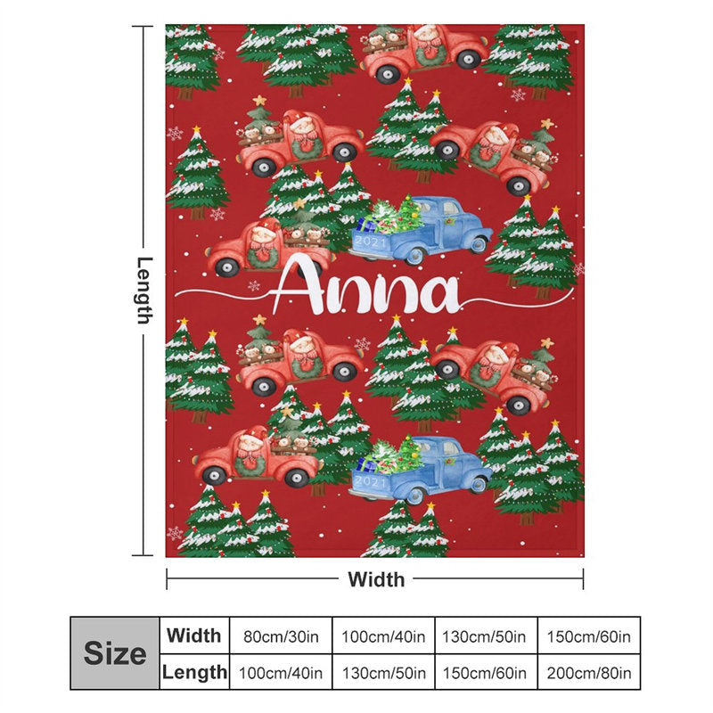 Lofaris Red Trees Truck Custom Name Christmas Gift Blanket