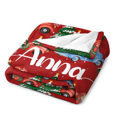 Lofaris Red Trees Truck Custom Name Christmas Gift Blanket