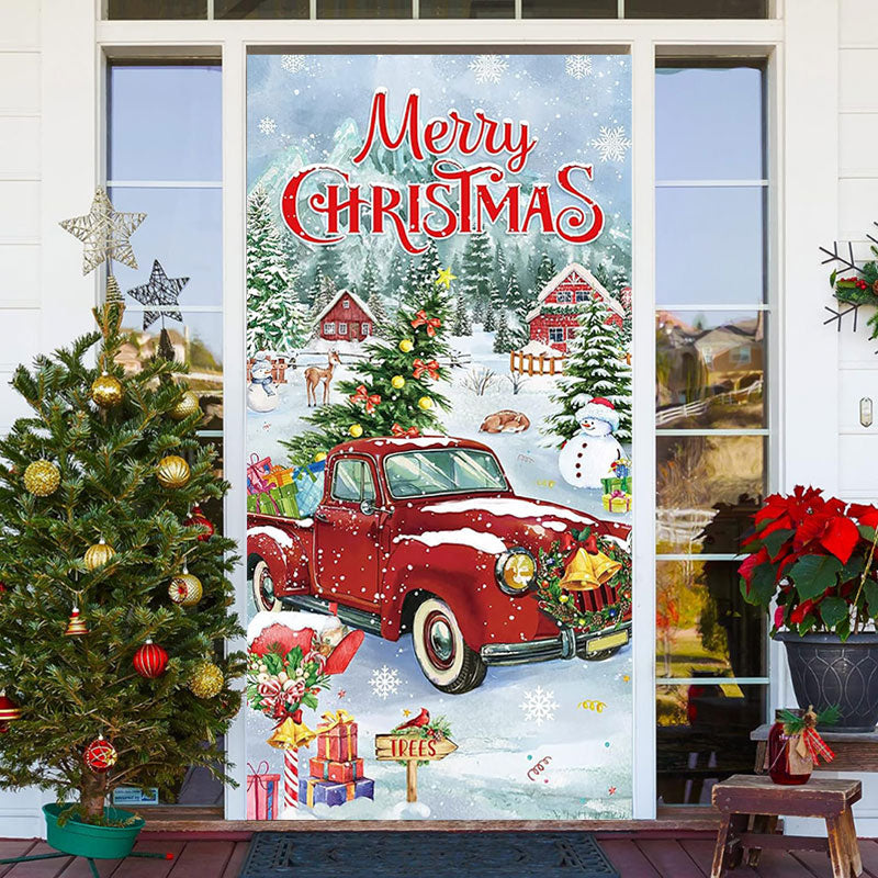 Lofaris Red Truck Snowy Town Xmas Tree Christmas Door Cover
