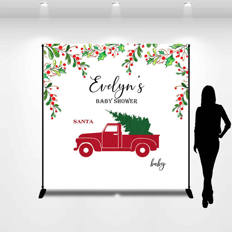 Lofaris Red Truck Xmas Tree Custom Name Baby Shower Backdrop
