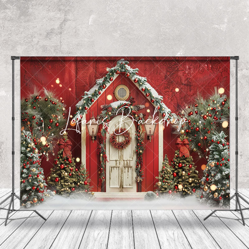 Lofaris Red White Retro Wooden Door Trees Christmas Backdrop