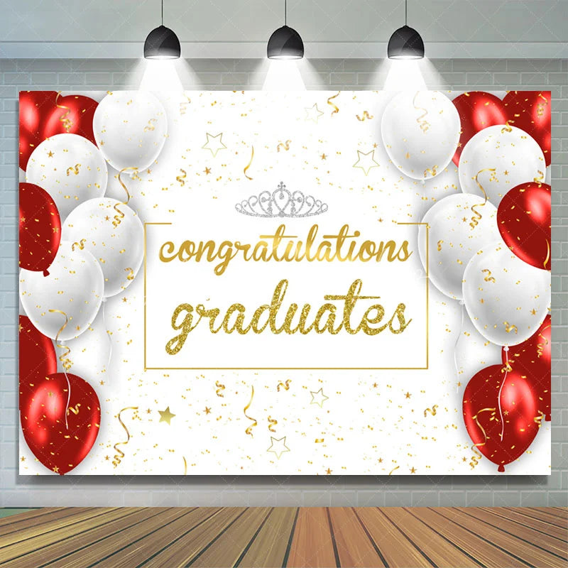 Lofaris Red White Theme Crown Congrats Grad Party Backdrop