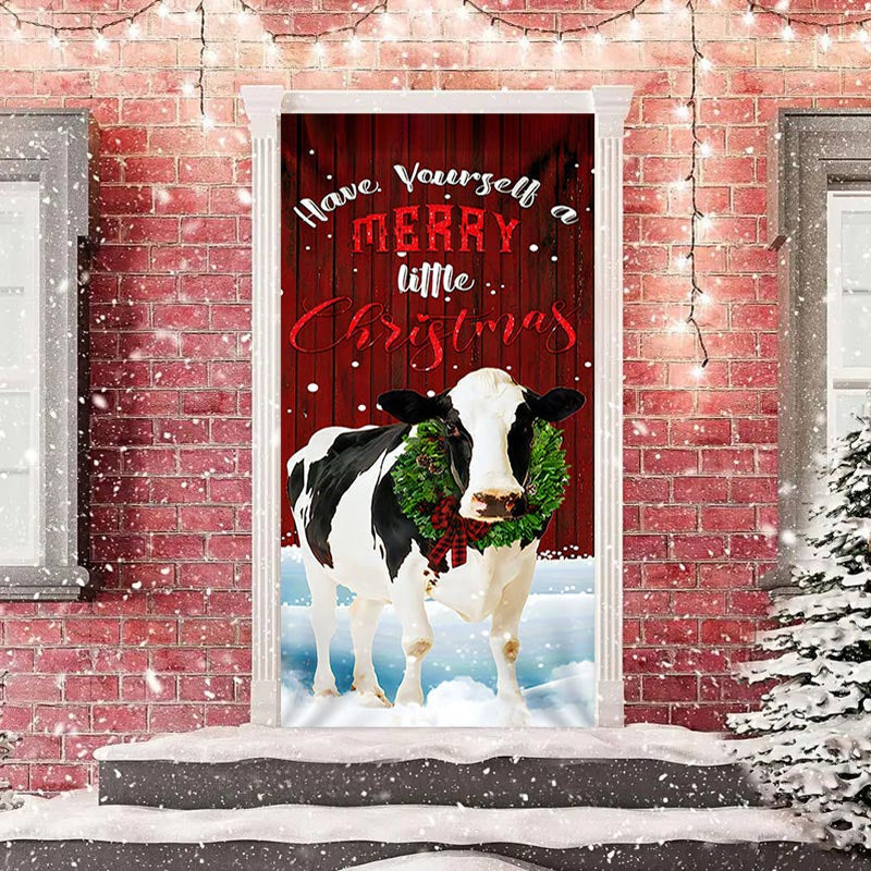 Lofaris Red Wooden Wall Milk Cow Snowy Christmas Door Cover