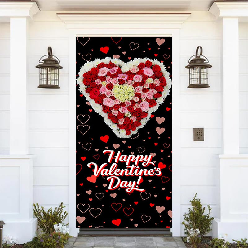 Lofaris Repeat Heart Floral Black Valentines Day Door Cover