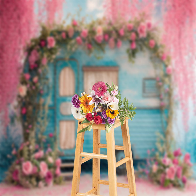 Lofaris Retro Blue Car Pink Peach Blossom Spring Backdrop
