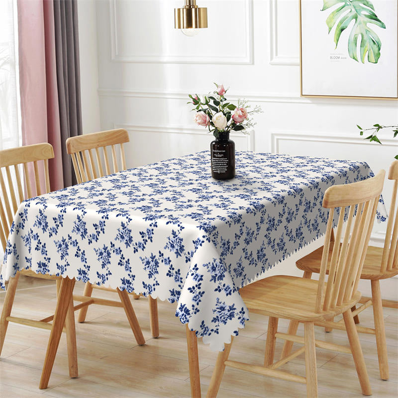 Lofaris Retro Blue Flowers White Pattern Rectangle Tablecloth