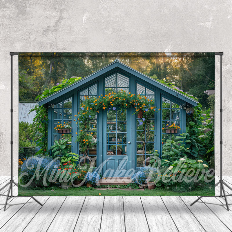 Lofaris Retro Blue Wood House Greenery Spring Photo Backdrop