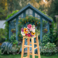 Lofaris Retro Blue Wood House Greenery Spring Photo Backdrop