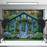 Lofaris Retro Blue Wood House Greenery Spring Photo Backdrop
