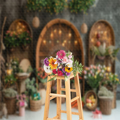Lofaris Retro Brown Acrh - Door Floral Easter Photo Backdrop