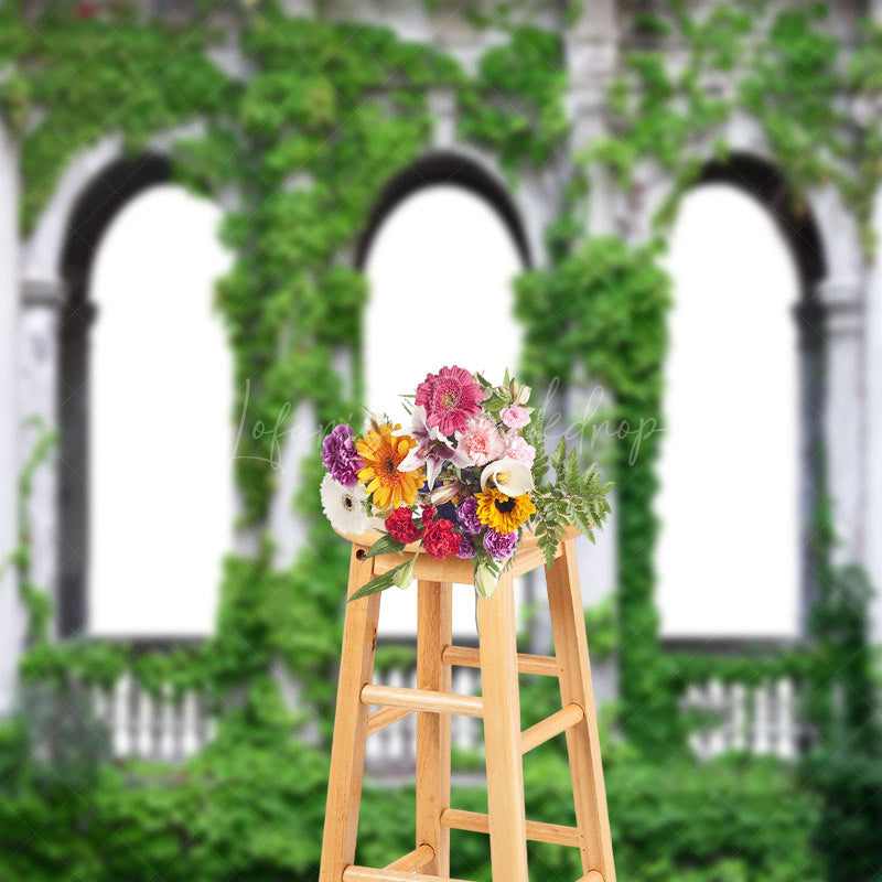Lofaris Retro Building Arch Wall Greenery Photo Backdrop