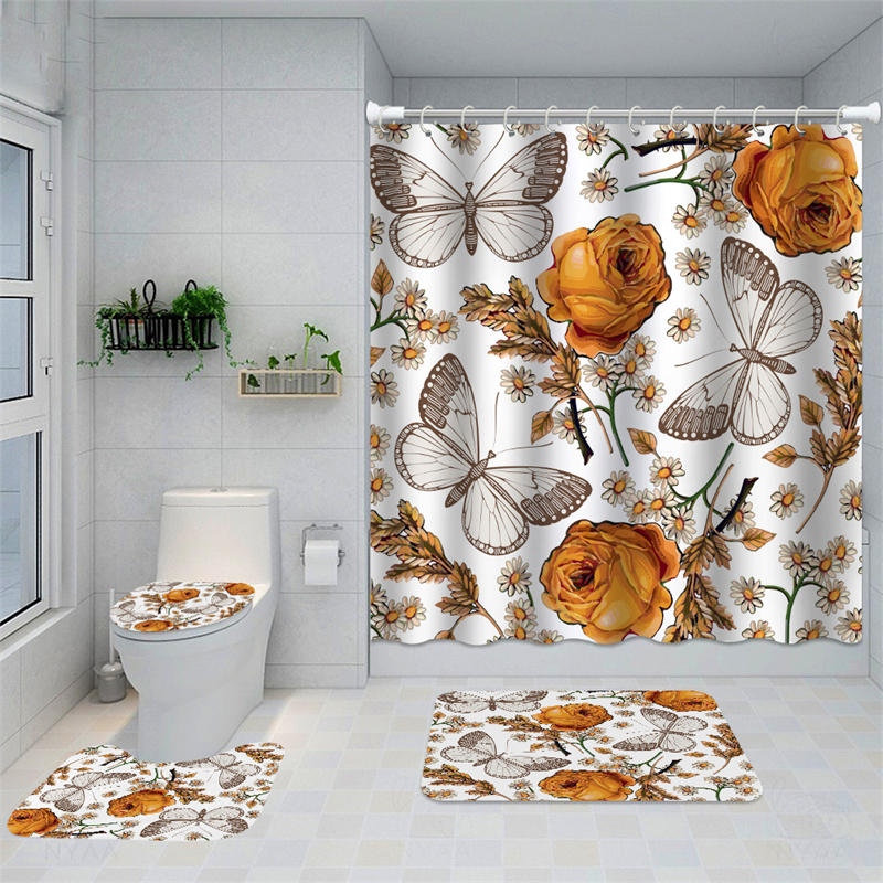 Lofaris Retro Butterfly Rose Shower Curtain for Bathroom