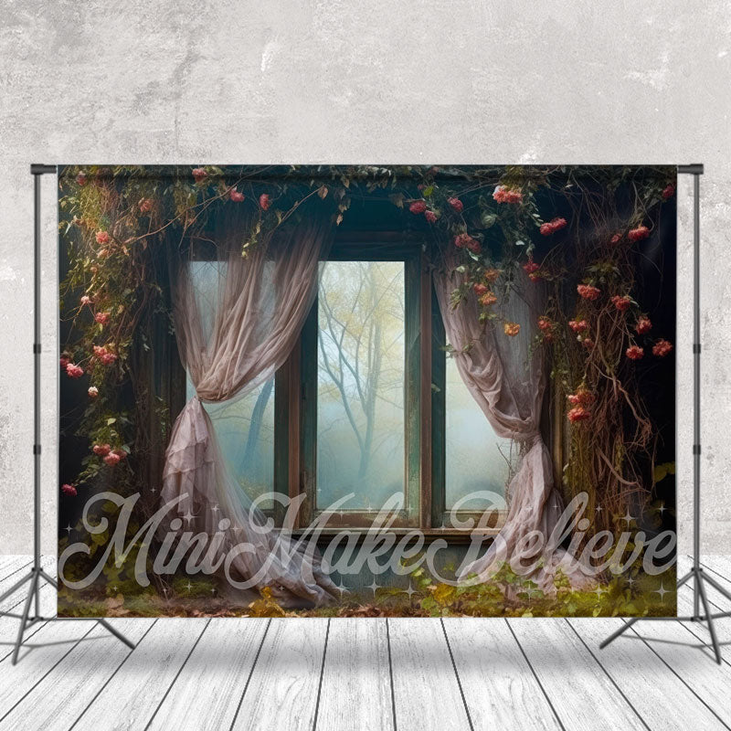 Lofaris Retro Curtian Window Wilt Red Rose Tree Backdrop