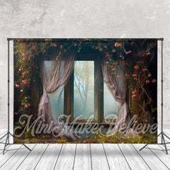 Lofaris Retro Curtian Window Wilt Red Rose Tree Backdrop