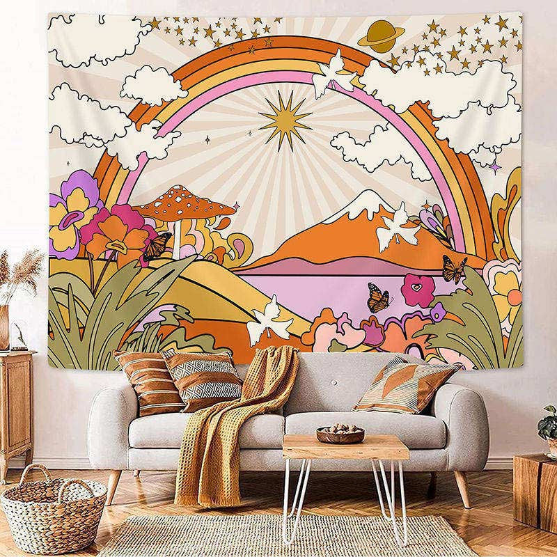 Lofaris Retro Flowers Clouds Sun Rainbow Boho Wall Tapestry