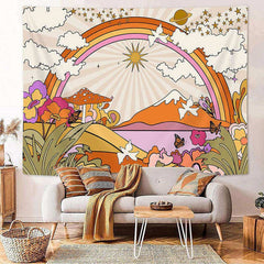 Lofaris Retro Flowers Clouds Sun Rainbow Boho Wall Tapestry