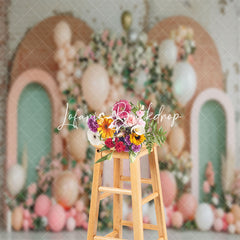 Lofaris Retro Green Pink Arch Floral Cake Smash Backdrop