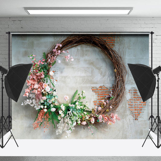Lofaris Retro Grey Red Brick Wall Wreath Backdrop For Photo