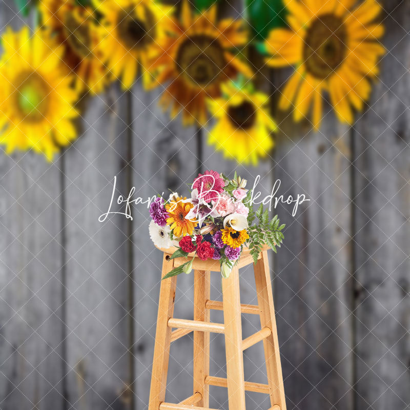 Lofaris Retro Grey Wood Texture Sunflower Summer Backdrop