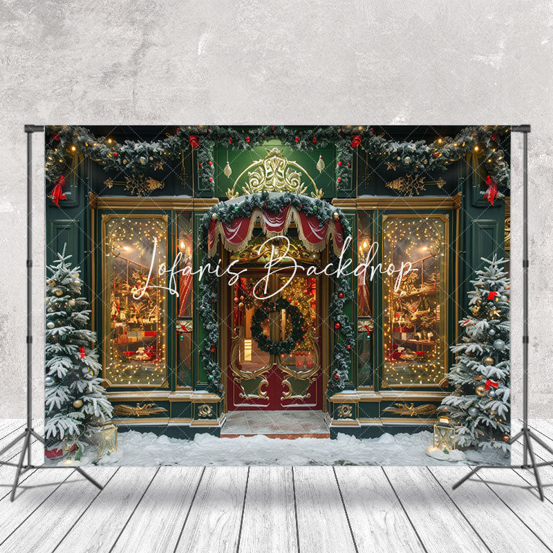 Lofaris Retro Luxury Door Snowy Trees Christmas Backdrop