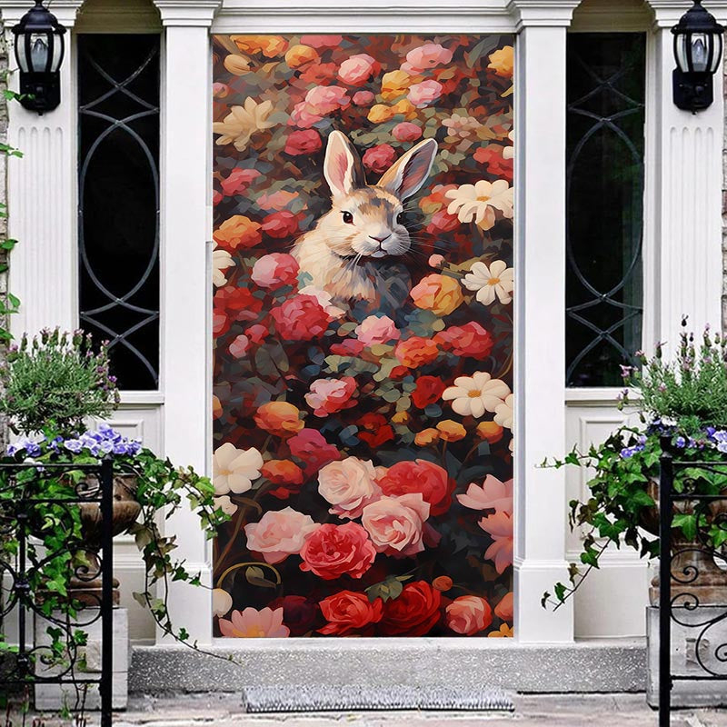 Lofaris Retro Rabbit Flower Spring Easter Door Cover