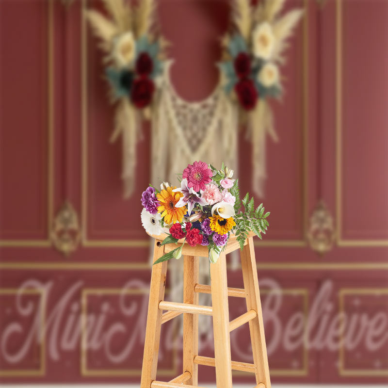 Lofaris Retro Red Gold Tassel Floral Boho Photo Backdrop