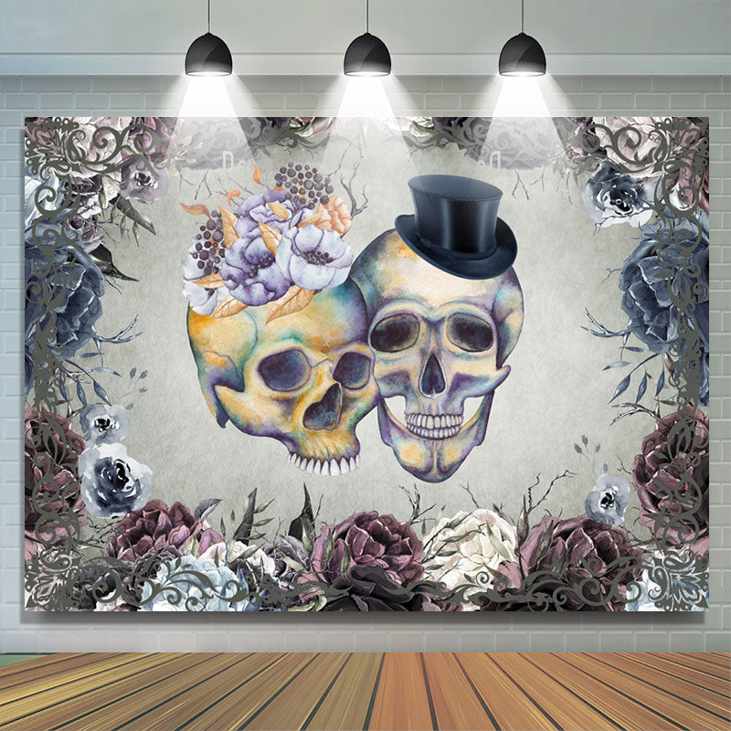 Lofaris Retro Skull Couple Thorn Flower Halloween Backdrop