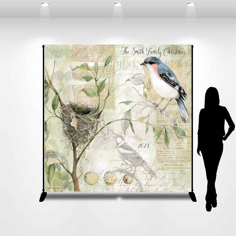Lofaris Retro Stamp Birds Branch Custom Name Christmas Backdrop