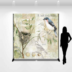 Lofaris Retro Stamp Birds Branch Custom Name Christmas Backdrop