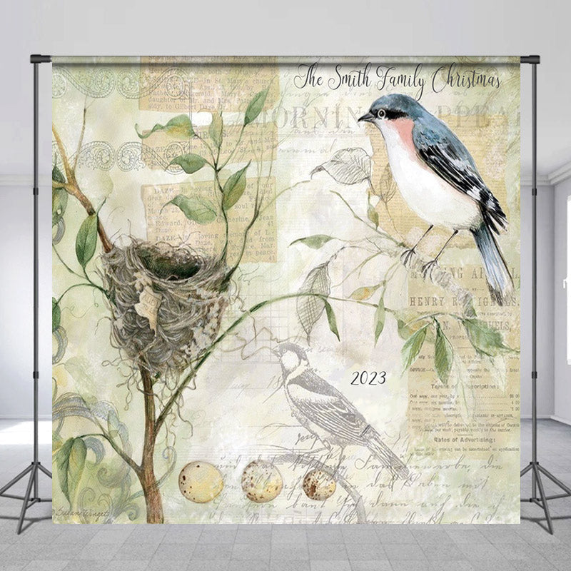 Lofaris Retro Stamp Birds Branch Custom Name Christmas Backdrop