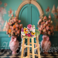 Lofaris Retro Wall Pink Floral Bow Tie Bunny Easter Backdrop
