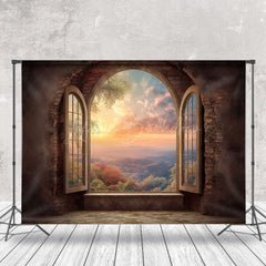Lofaris Retro Wall Sunset Mountain Window Scenery Backdrop