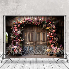 Lofaris Retro Wood Door Floral Birthday Cake Smash Backdrop