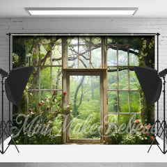 Lofaris Retro Wood Door Green Forest Floral Spring Backdrop