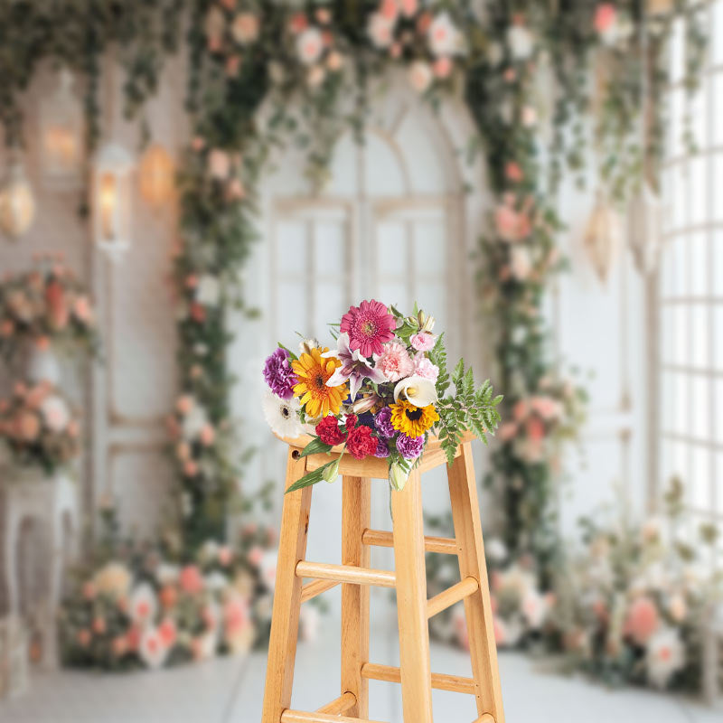 Lofaris Romantic Pink Floral White Door Wedding Backdrop
