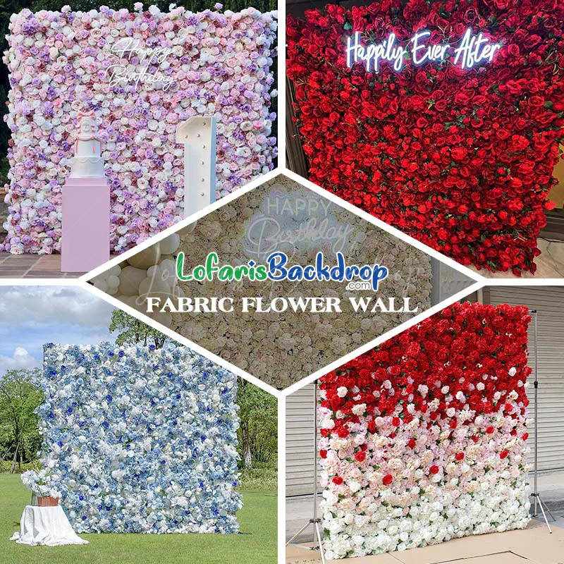 Lofaris Heart Shape Rose Flower Fabric Curtain Wall for Wedding