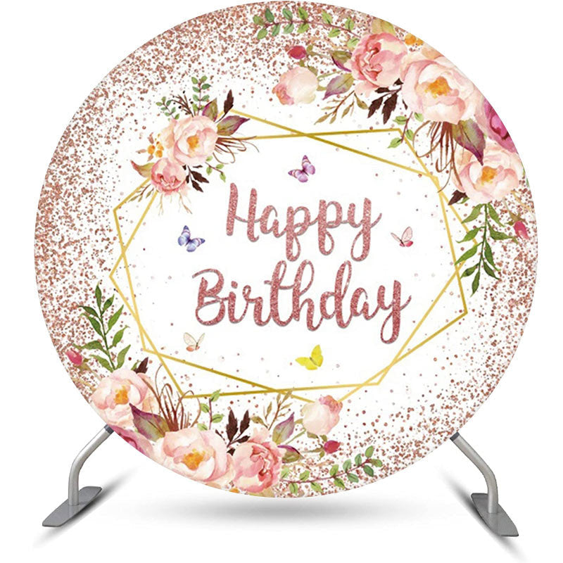 Lofaris Rose Gold Glitter Floral Round Birthday Backdrop