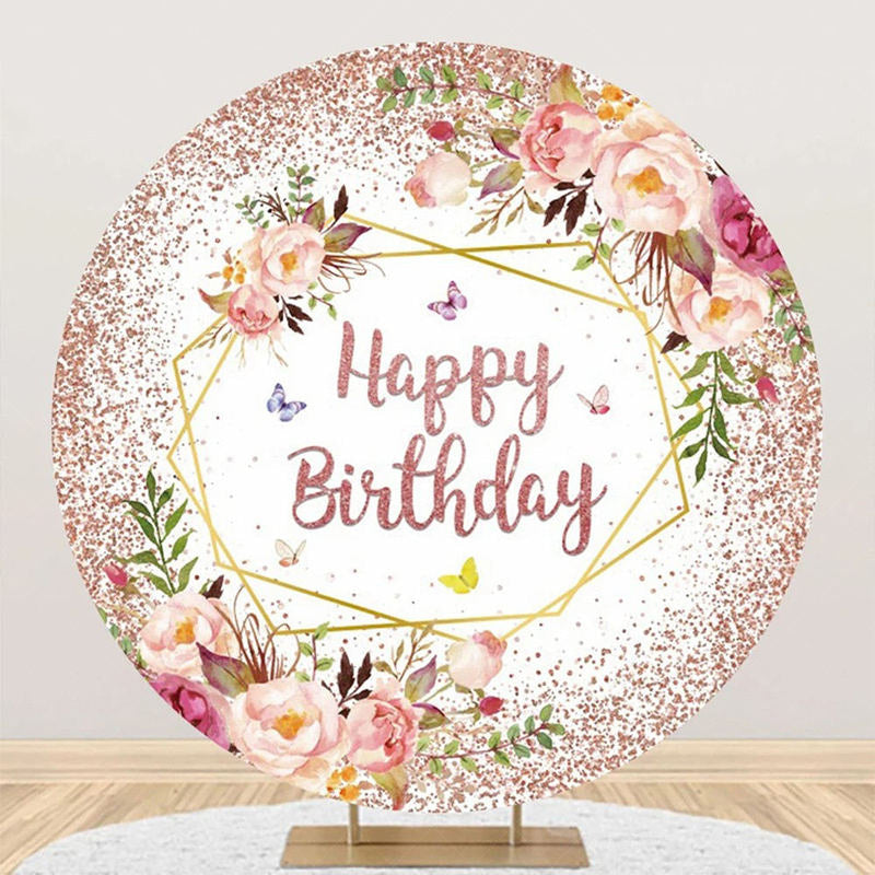 Lofaris Rose Gold Glitter Floral Round Birthday Backdrop