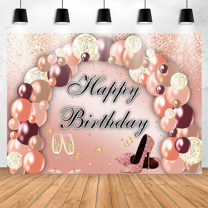 Lofaris Rose Golden Pink Balloon Happy Birthday Backdrop